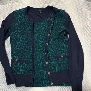 Ann Taylor Green and Navy Leopard Cardigan and capped sleeve sweater set size XS